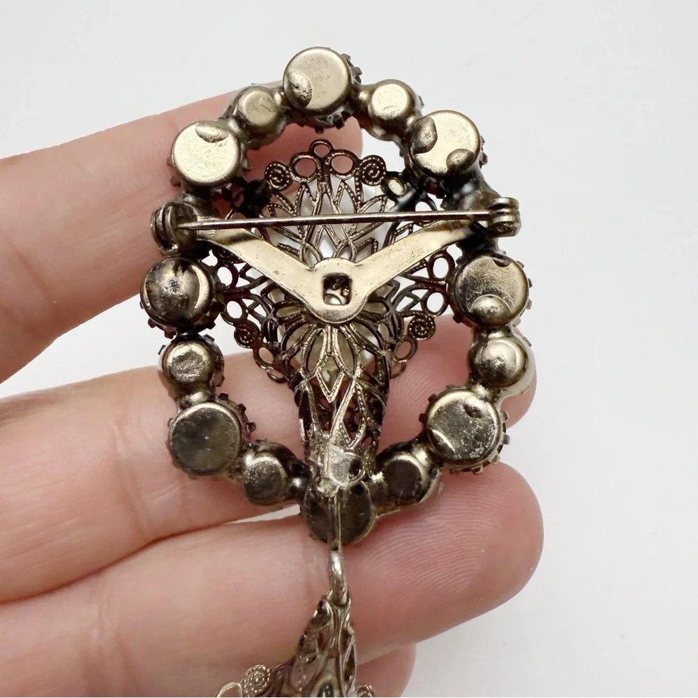 Vintage Large Baroque Faux Pearl Pink Aqua Rhinestone Filigree Drop Brooch